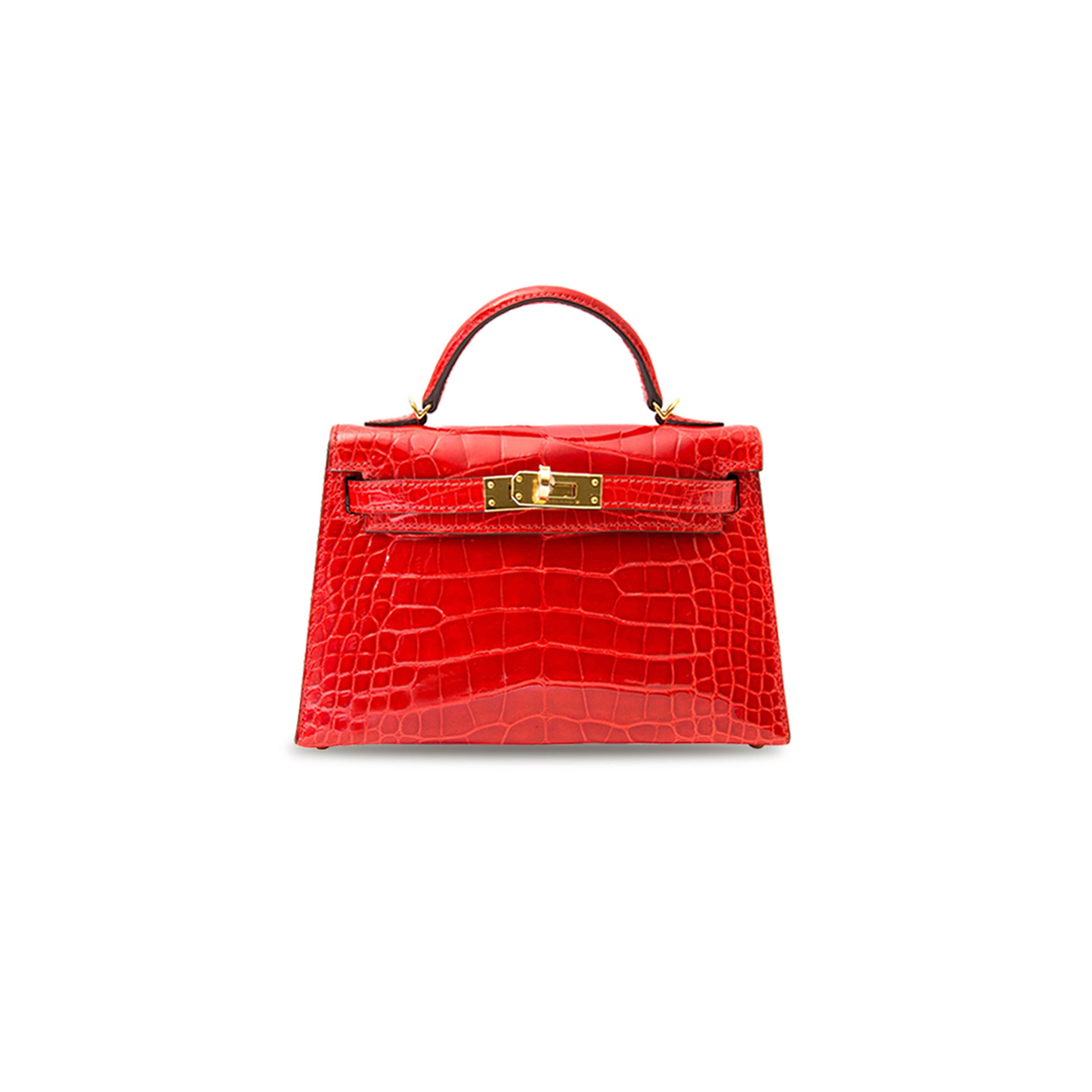 H**mes master mini kelly ii shiny crocodile leather ferrari red gold buckle (19*12*5.5cm)